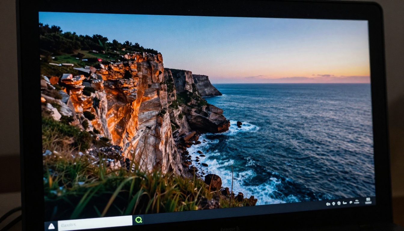 Close-up macro shot of a monitor displaying a paused AI-generated coastal video frame with rich color