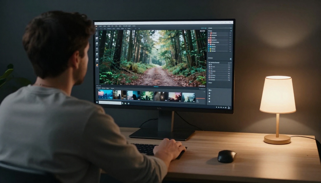 A man reviewing AI-generated video playback on a professional widescreen monitor in a minimal dark office