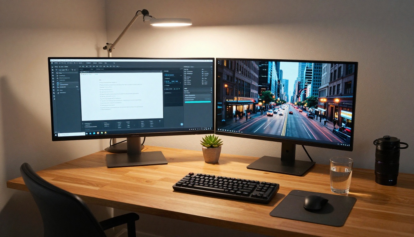 A modern home office dual monitor setup showing AI video generation interface alongside a rendered city street clip