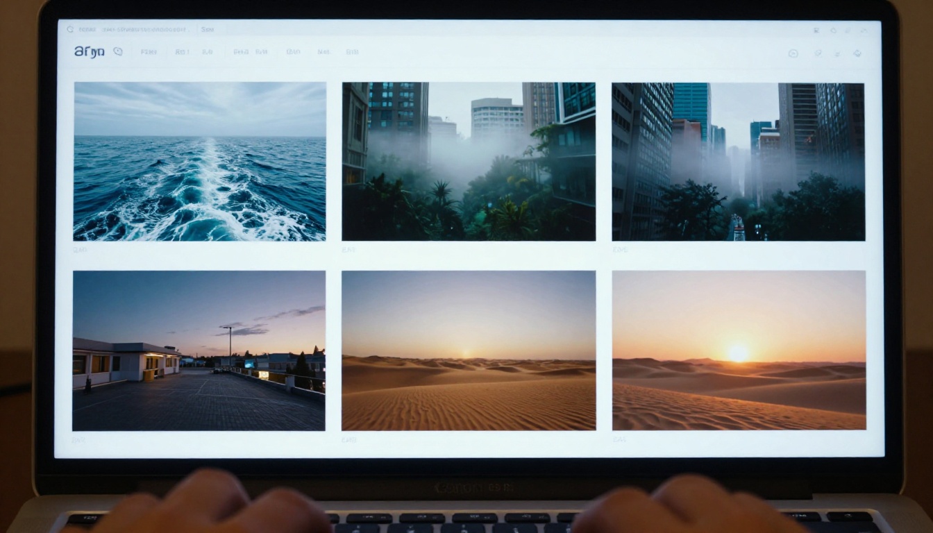 A laptop screen displaying a comparison grid of four AI-generated video thumbnails showing different cinematic scenes