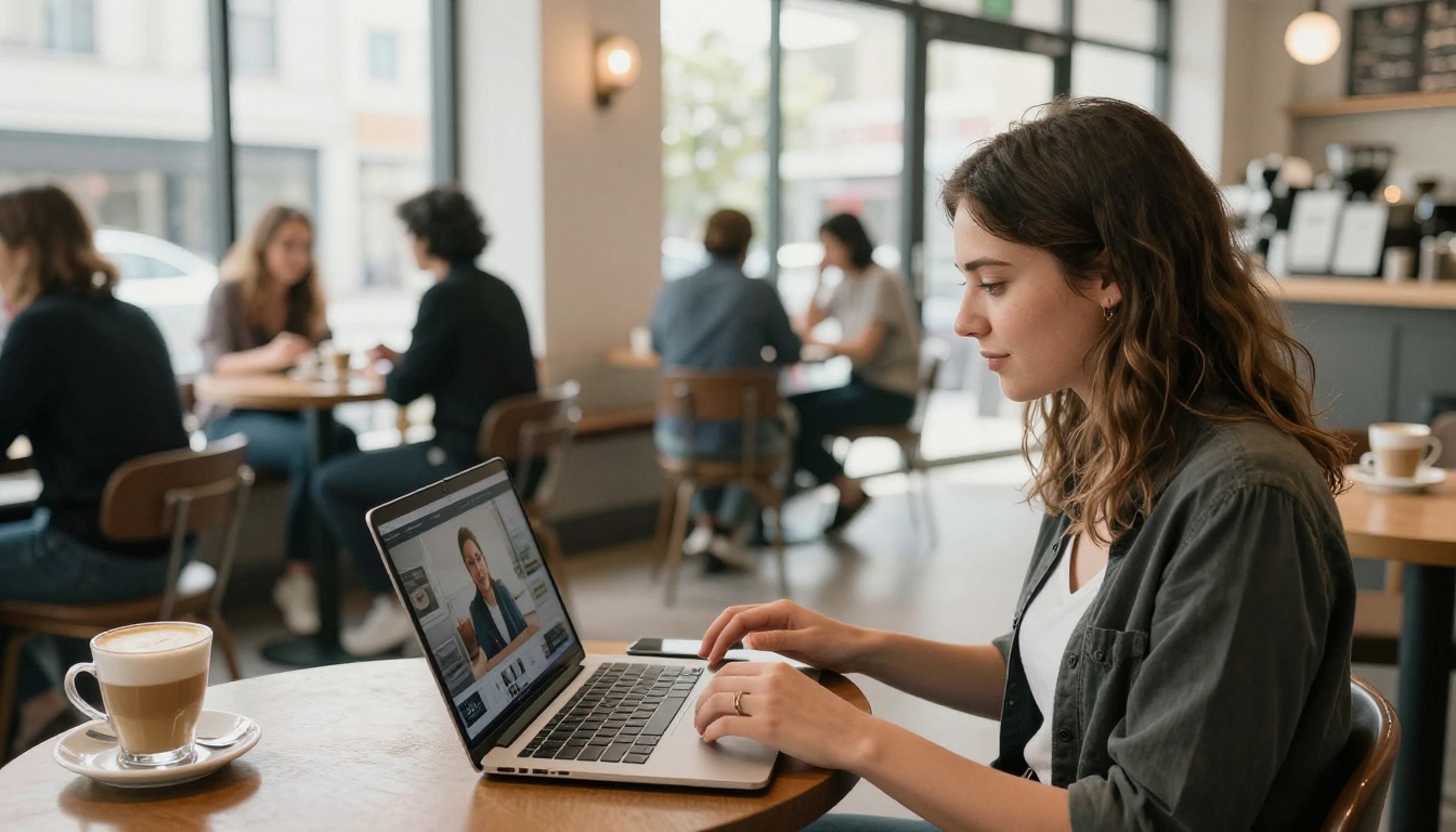 A young woman sitting in a coffee shop with a laptop showing an AI video interface, bright natural daylight behind her