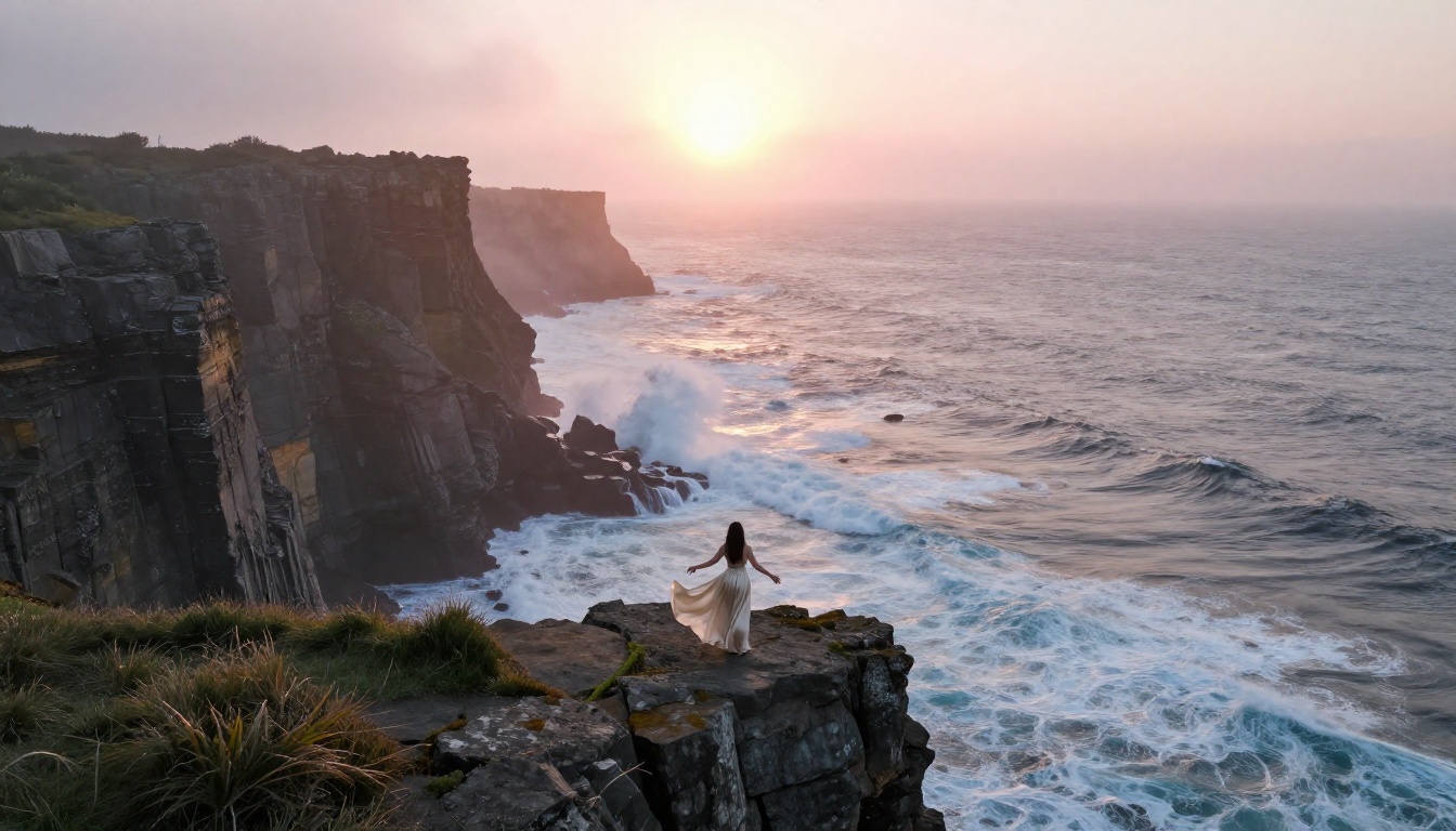 Lone woman in ivory silk dress standing on dramatic sea cliff at sunrise with crashing waves below