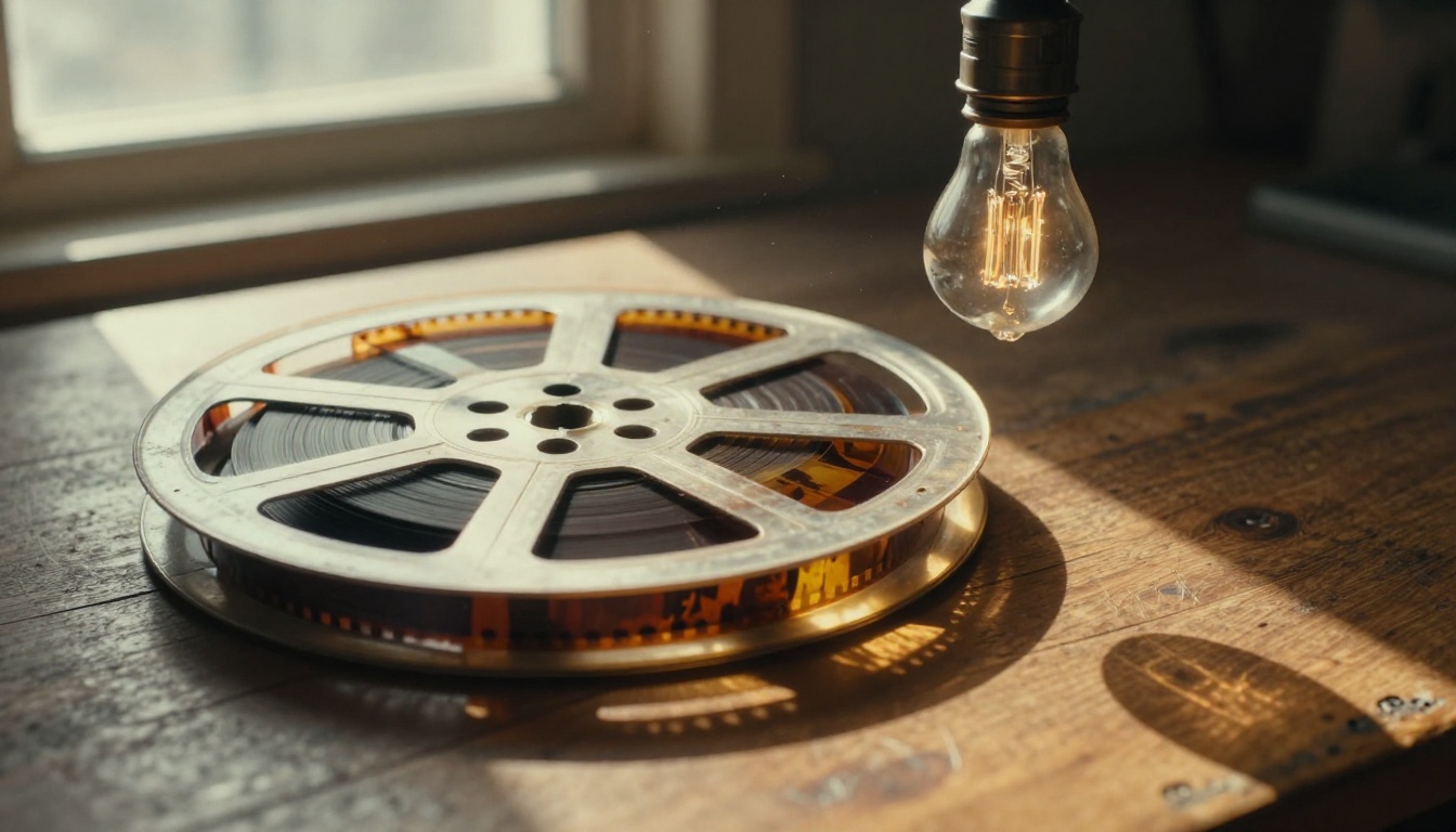 Close-up macro of 35mm film reel unspooling on weathered oak editing table with tungsten light