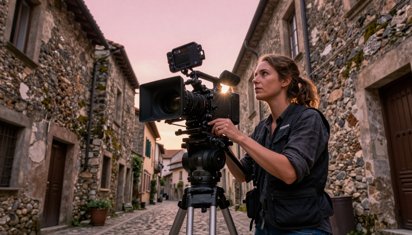 Professional female cinematographer operating cinema camera in ancient cobblestone European alley at magic hour