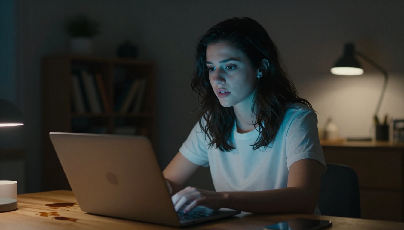 Young woman with dark hair at laptop in dim home studio with screen light illuminating her face