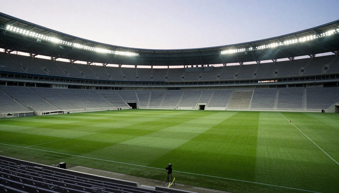 Vast empty football stadium at dusk with lights switching on and single camera operator in silhouette