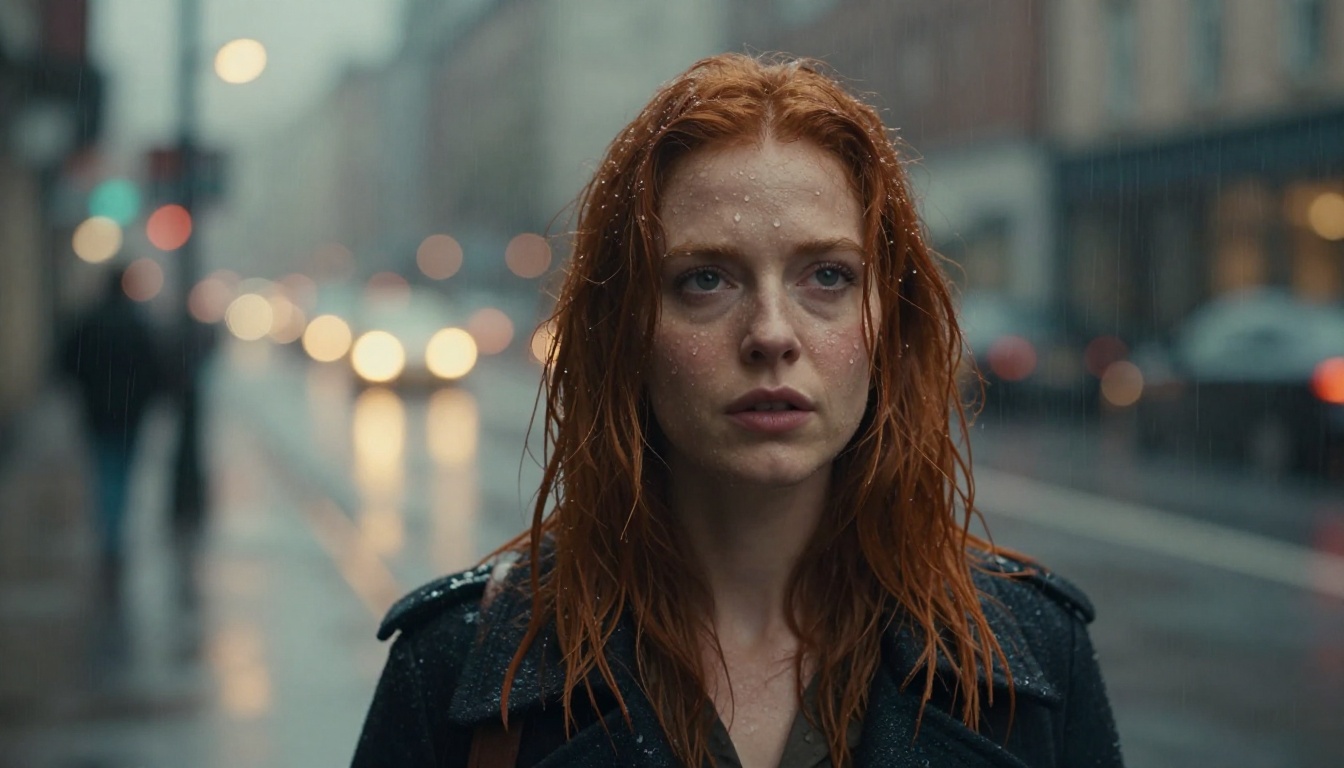 Red-haired woman in heavy rainfall on city street at night, water droplets on skin, bokeh streetlights behind