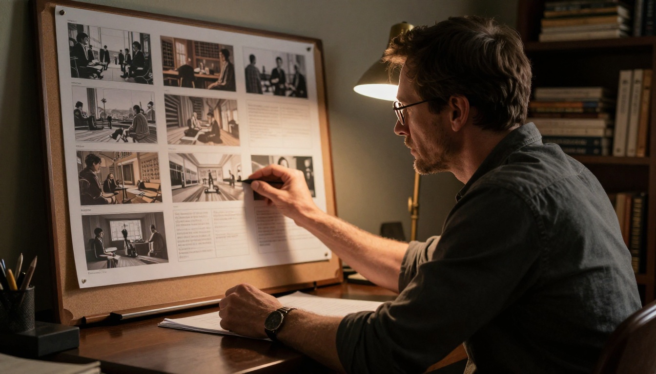 Director reviewing storyboard sheets at dark walnut desk with chiaroscuro tungsten lighting