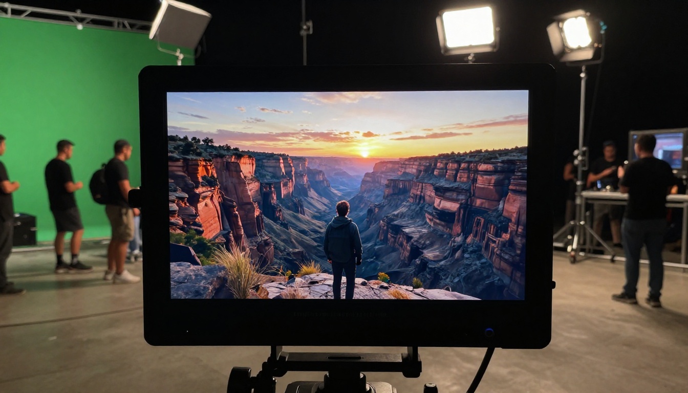 Wide shot of cinematic production monitor on film set showing high-resolution mountain scene preview