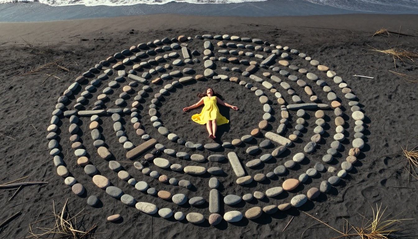 Aerial overhead view of woman in yellow dress lying in circular stone labyrinth on black sand beach