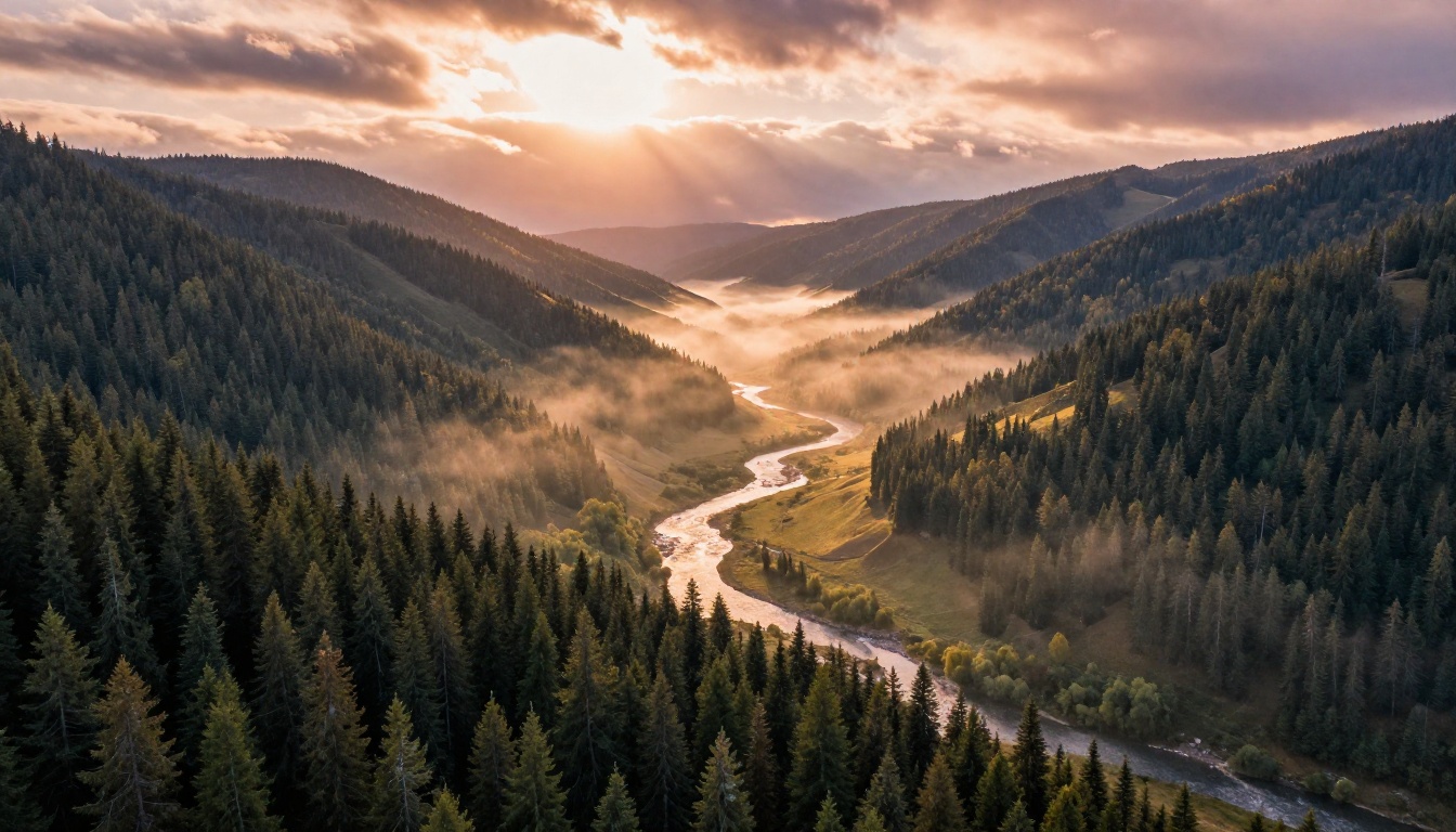 Aerial mountain valley at golden hour with misty river