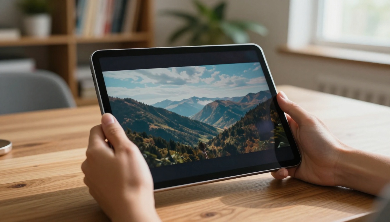 Hands holding tablet reviewing cinematic video
