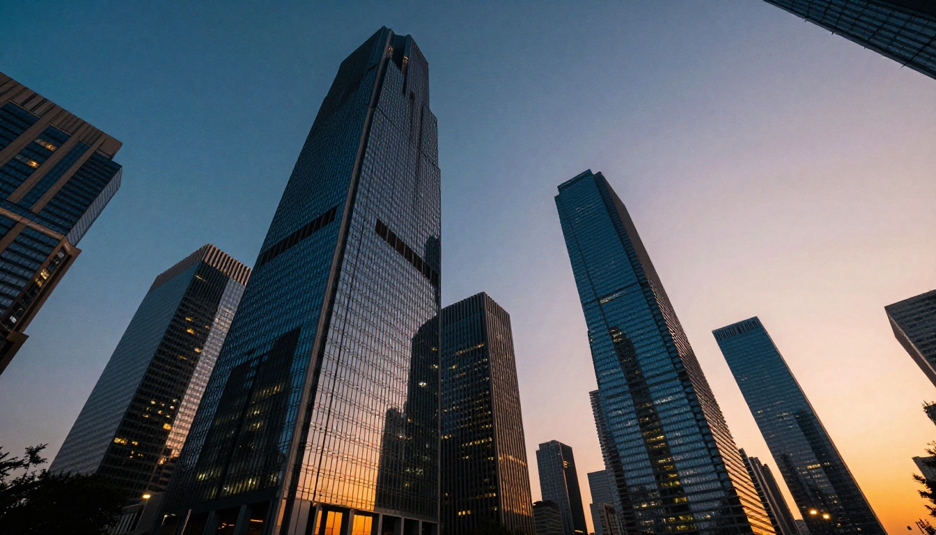 Low angle city skyline at dusk with wet pavement reflections