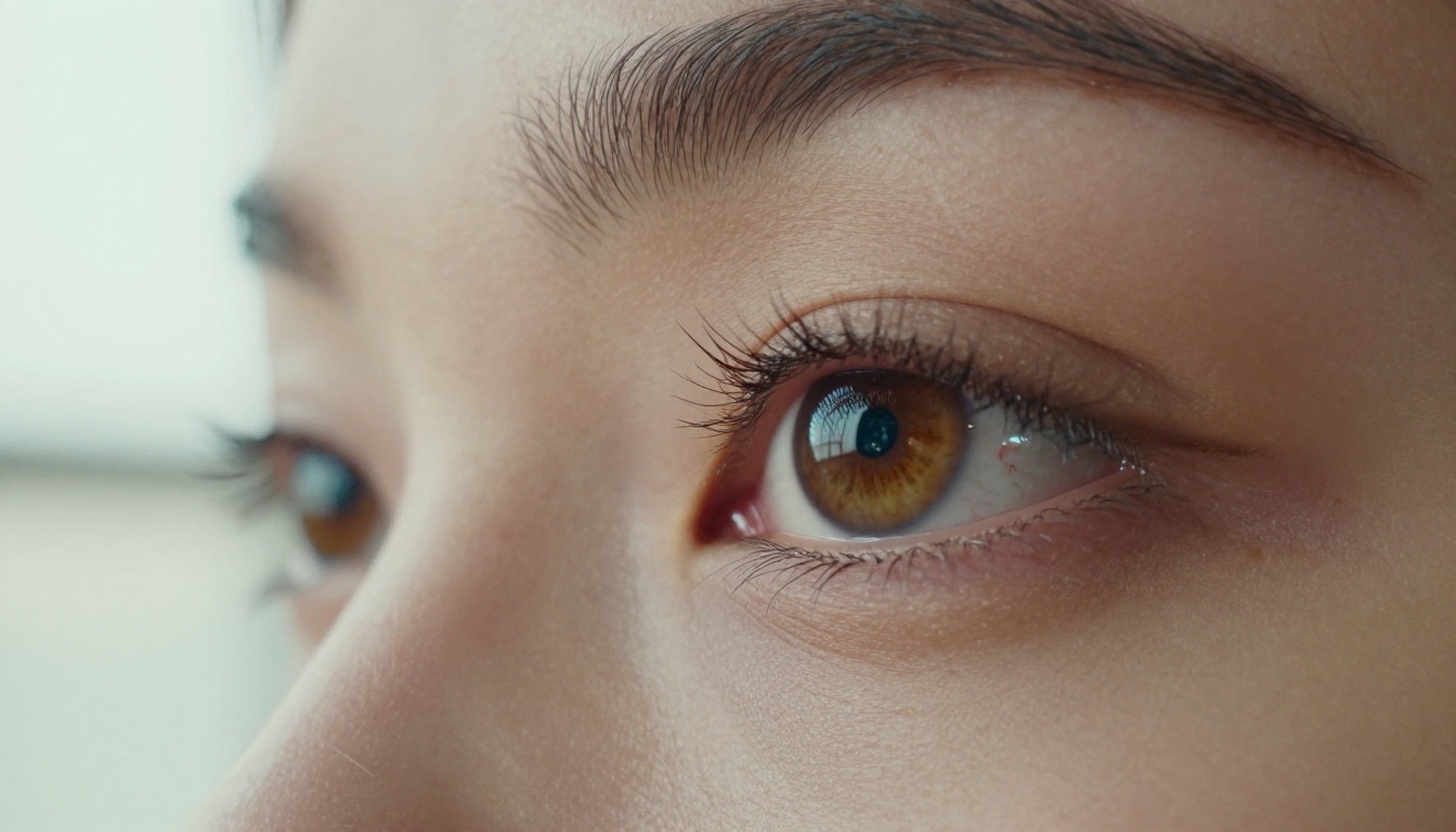 Woman's eye in close-up reflecting colorful screen light