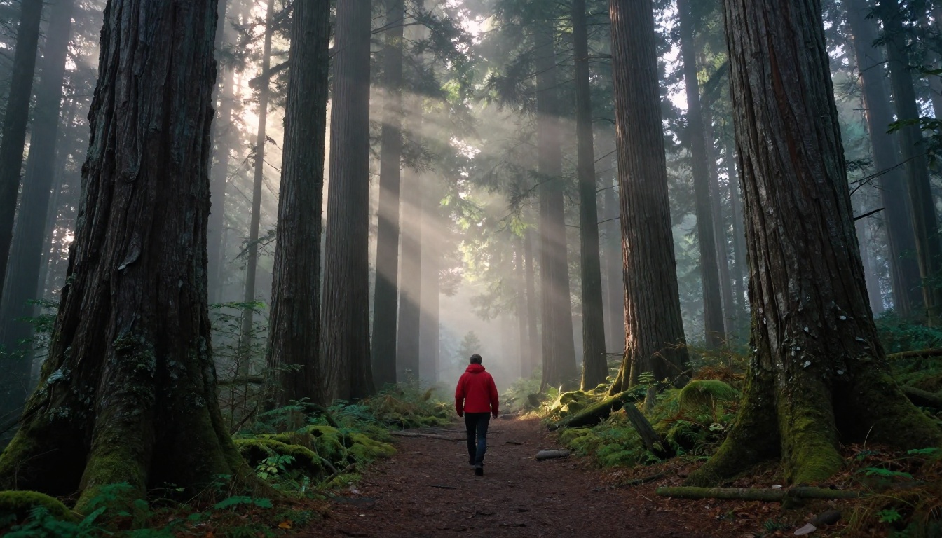Lone hiker in misty old-growth forest at dawn with light shafts