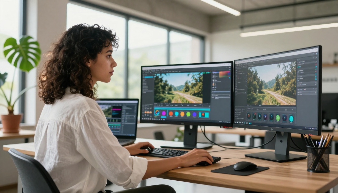 Creative professional woman at multi-screen workstation in daylit studio