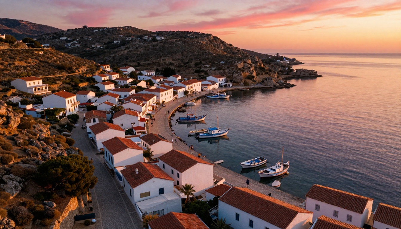 Aerial coastal fishing village at sunset with harbor reflections