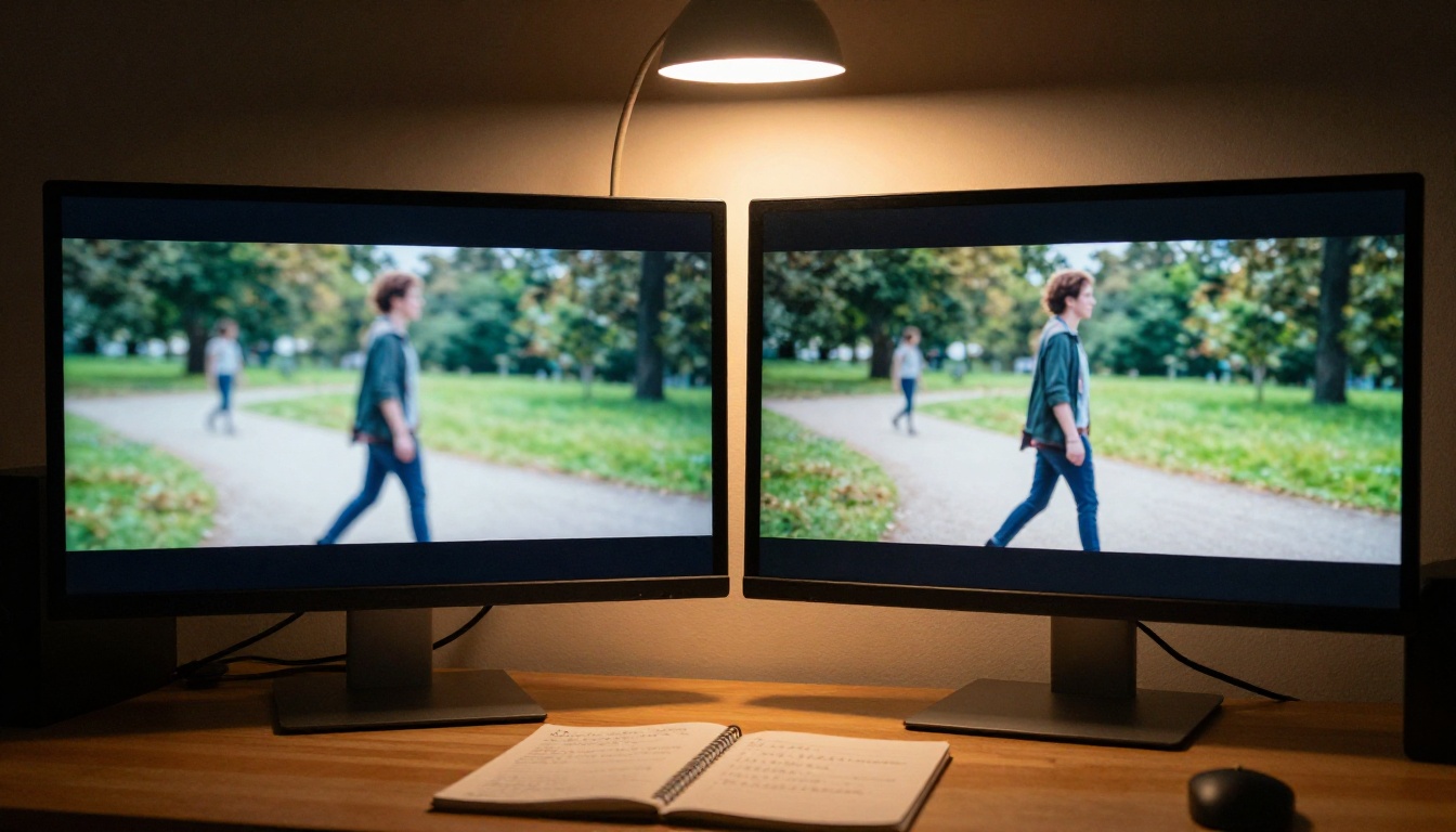 Dual monitor comparison showing quality difference between outputs