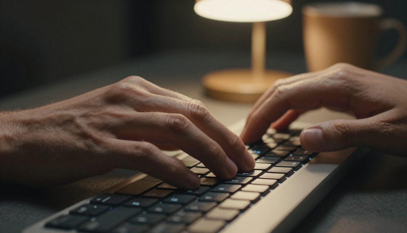 Hands typing on a backlit mechanical keyboard with warm desk lighting