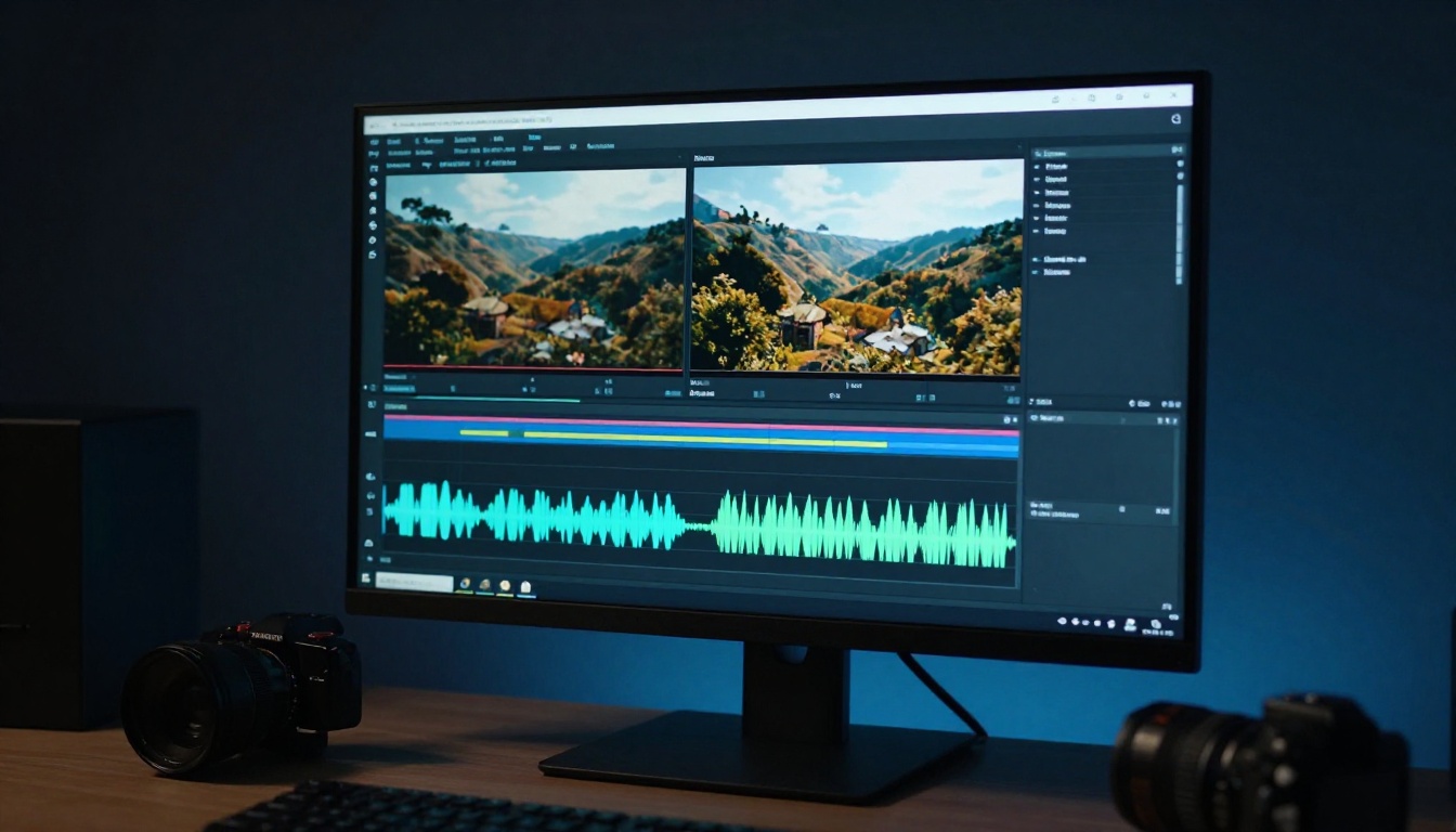 Ultra-wide monitor showing a video editing timeline in a dim professional studio