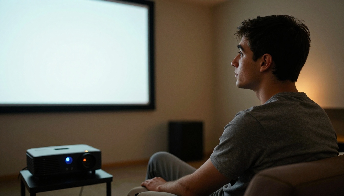 Young man sitting in a darkened room watching a projected video on a wall