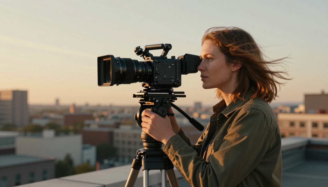 Female cinematographer looking through a cinema camera viewfinder on a rooftop at golden hour