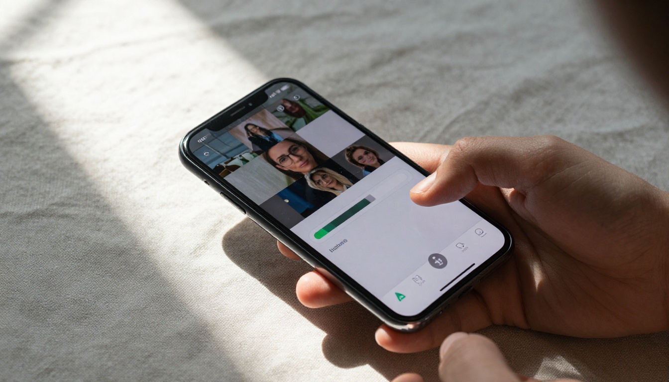 Hand holding a smartphone displaying an AI video generation interface on a linen surface