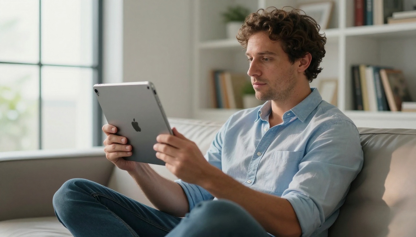 Creative professional reviewing video footage on an iPad in a bright minimalist apartment