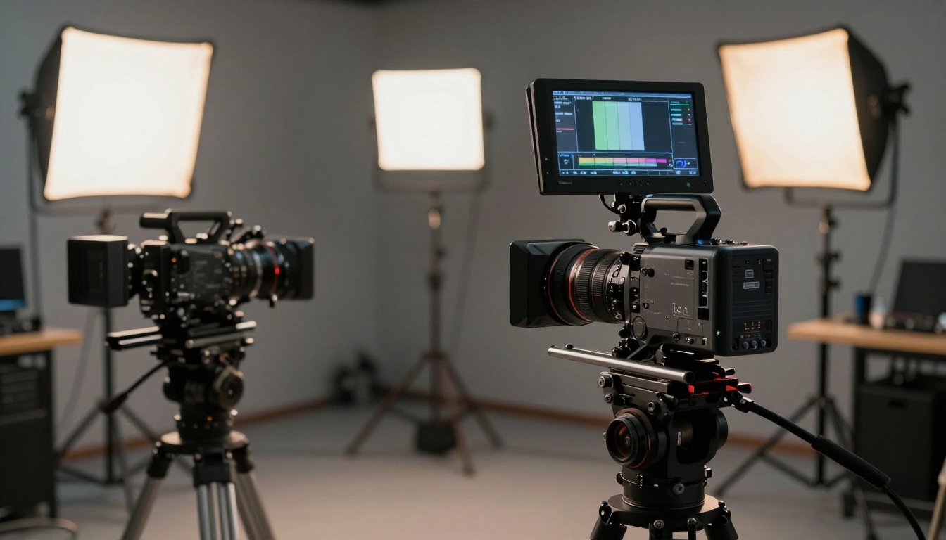 Professional cinema camera rig setup in a small studio with warm and cool LED panel lights