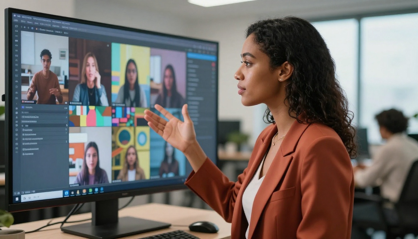 Woman in a terracotta blazer presenting in front of a video screen in a modern open-plan office