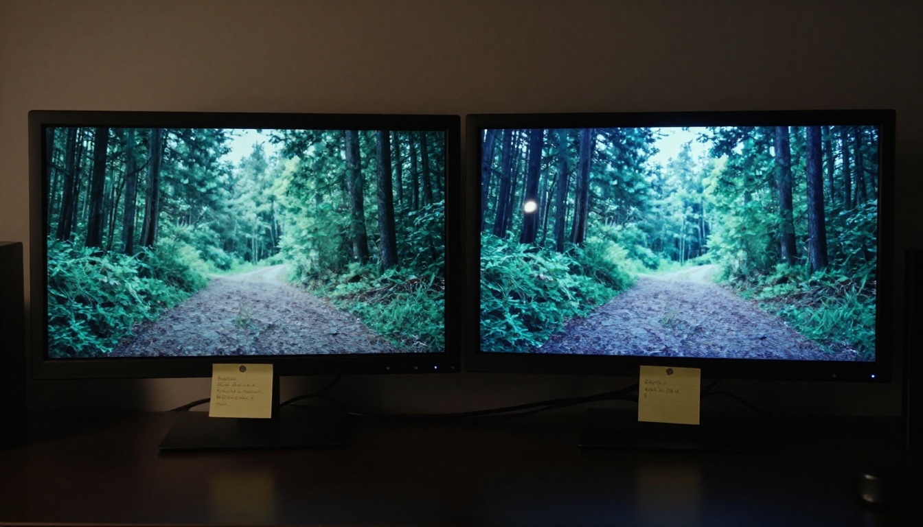 Two side-by-side monitors showing a video quality comparison in a dim editing suite
