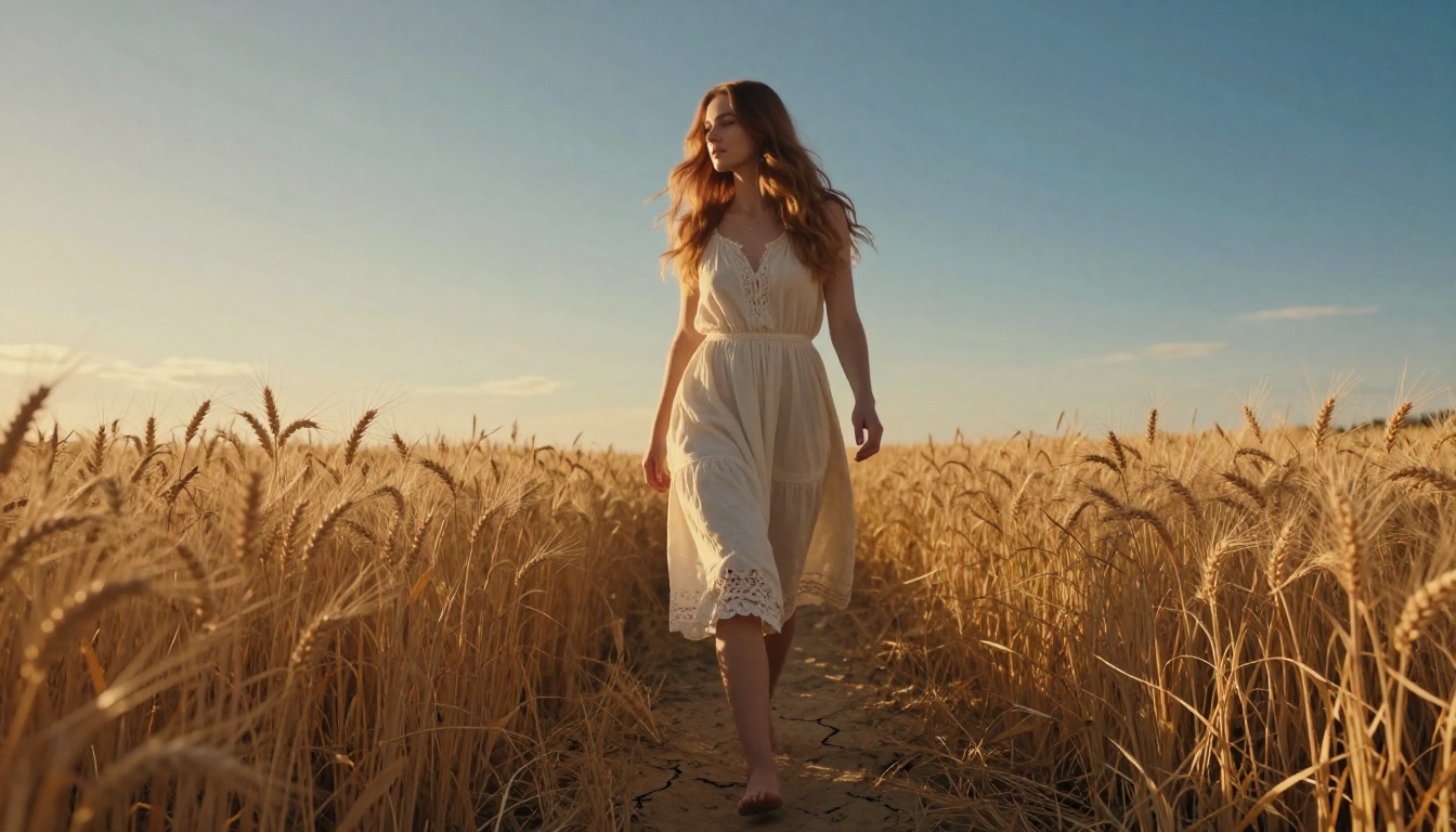 A young woman walking slowly through a sun-drenched wheat field at golden hour