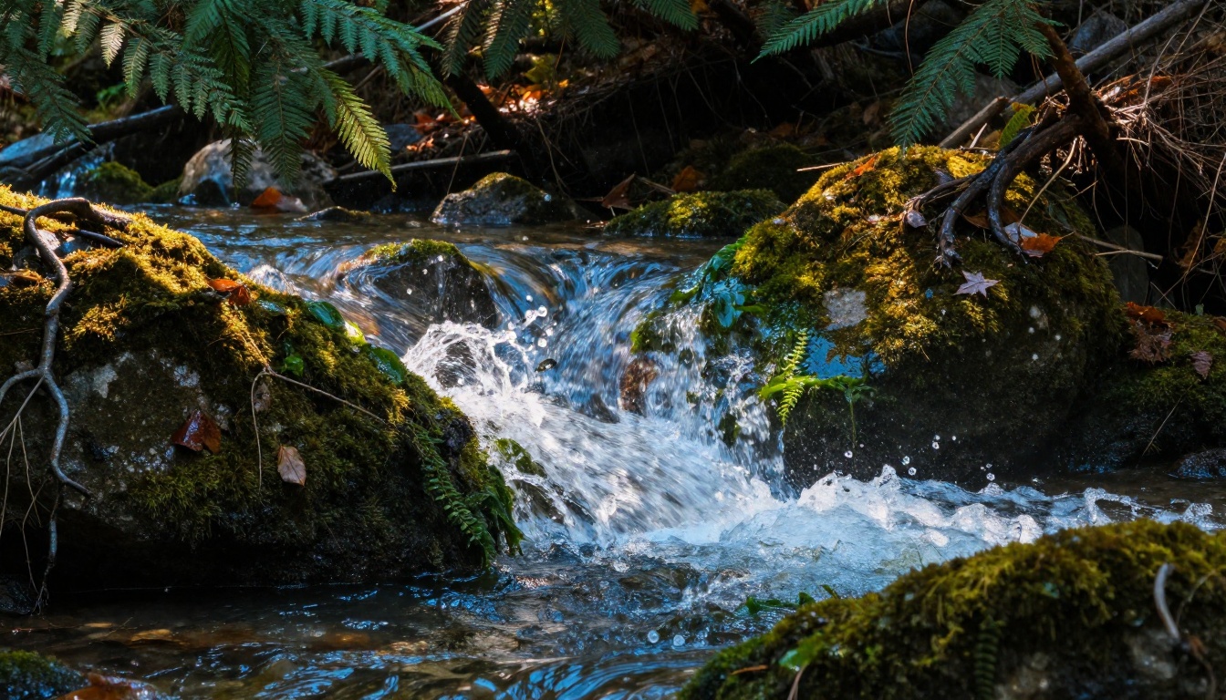 Crystal clear mountain river rushing over moss-covered stones with water droplets frozen in mid-air