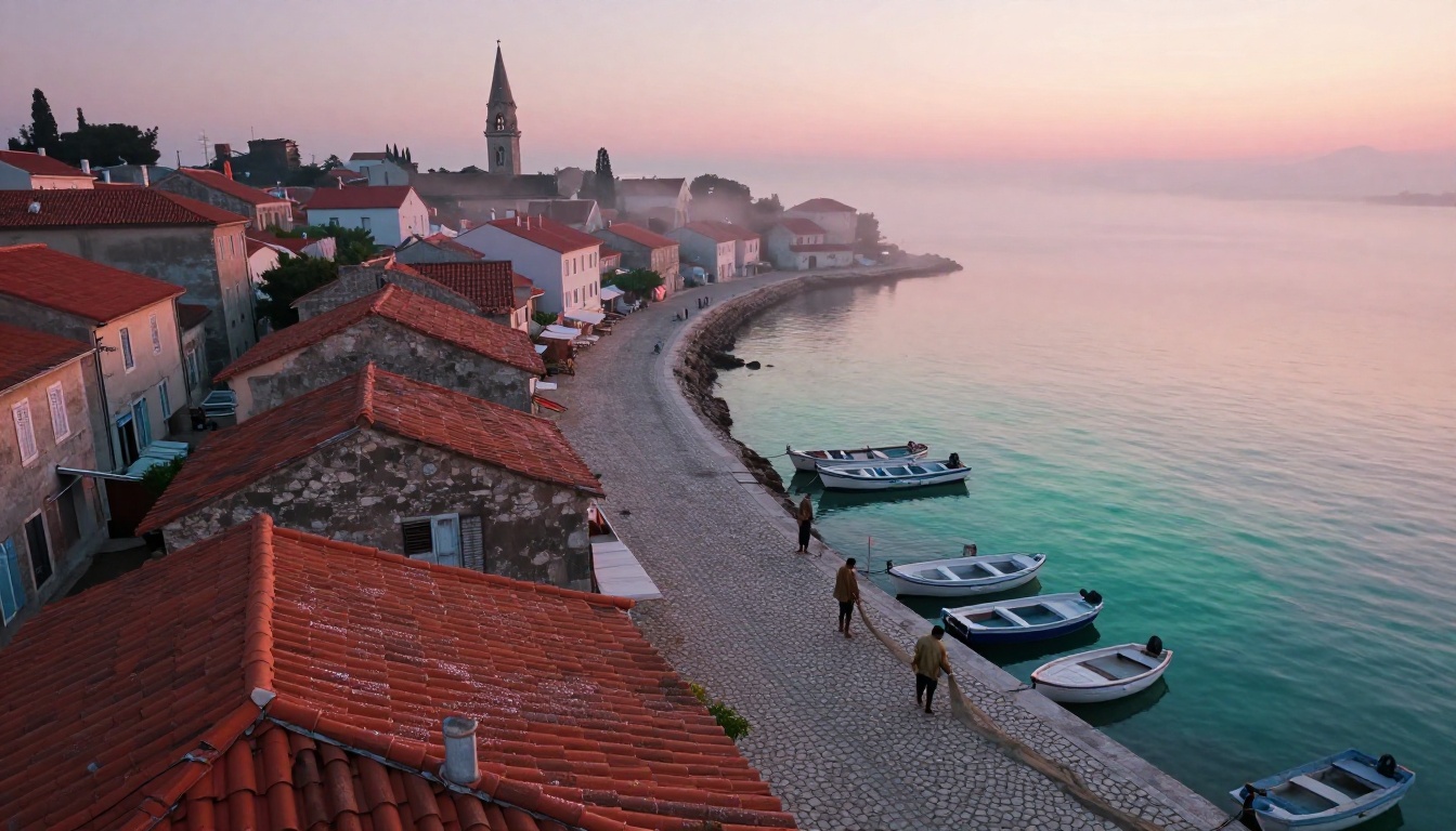 Aerial bird's-eye view of a coastal fishing village at dawn with terracotta rooftops and turquoise harbor
