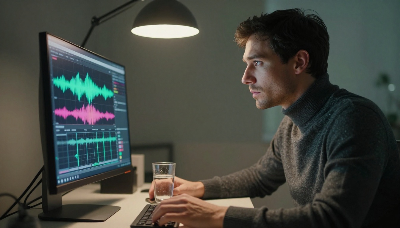 Close-up portrait of a man in a grey turtleneck staring intently at a large monitor displaying color waveforms