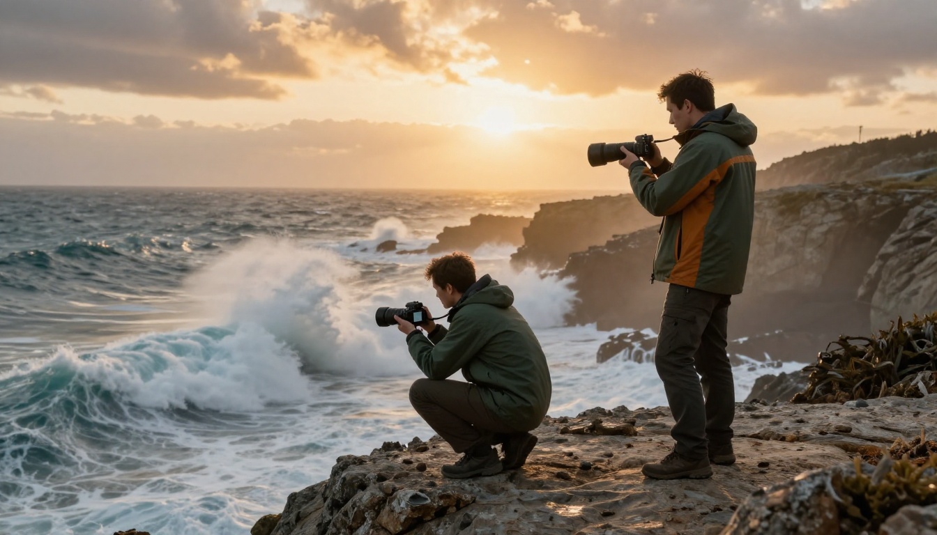 Two professional photographers standing on a rocky coastal cliff at golden hour with crashing ocean waves below