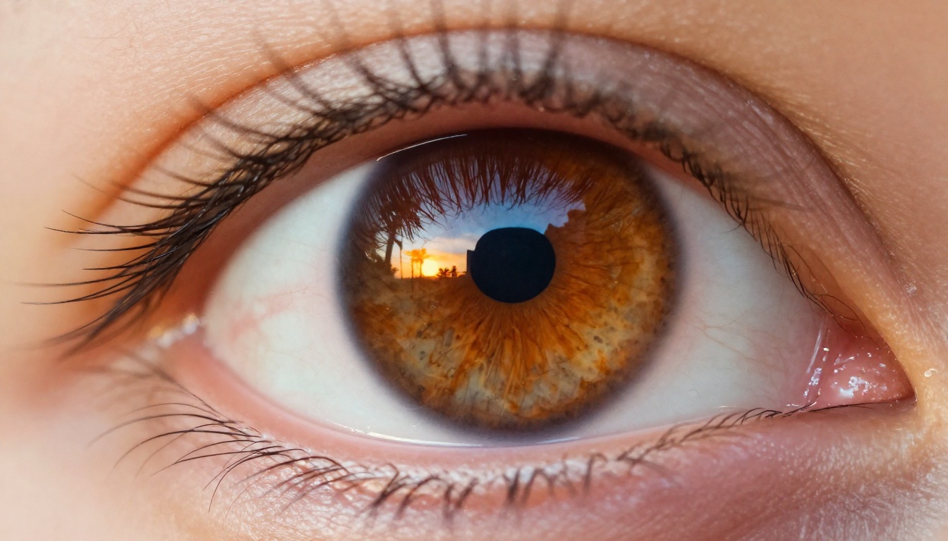 Extreme macro close-up of a human eye with warm amber-hazel iris and sharp eyelash detail