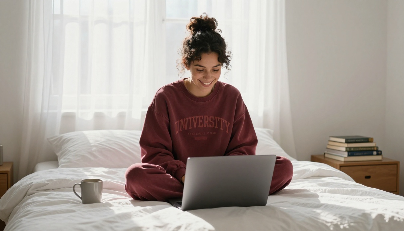 Woman with dark curly hair smiling at a laptop screen in warm morning sunlight sitting on a white linen bed
