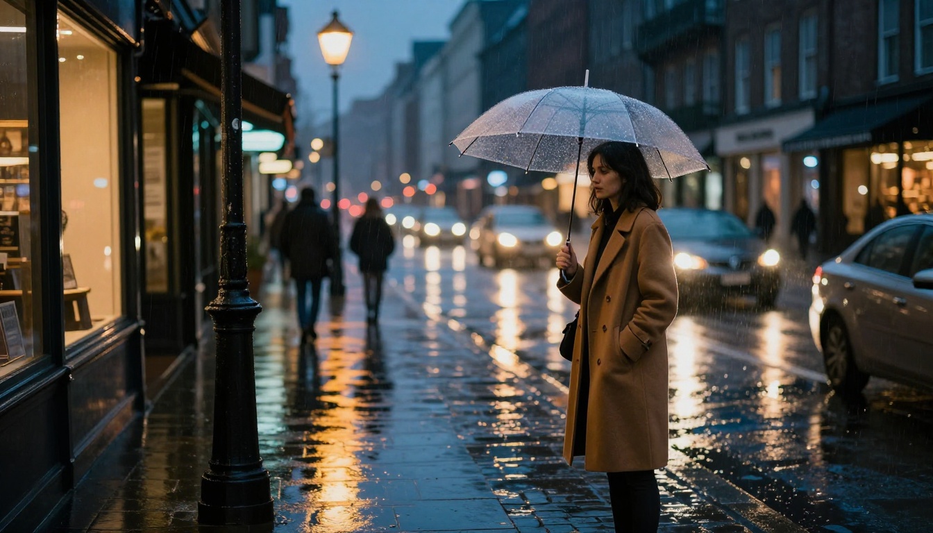 A woman in a tailored camel coat standing under a classic iron street lamp on a rainy cobblestone city street at night