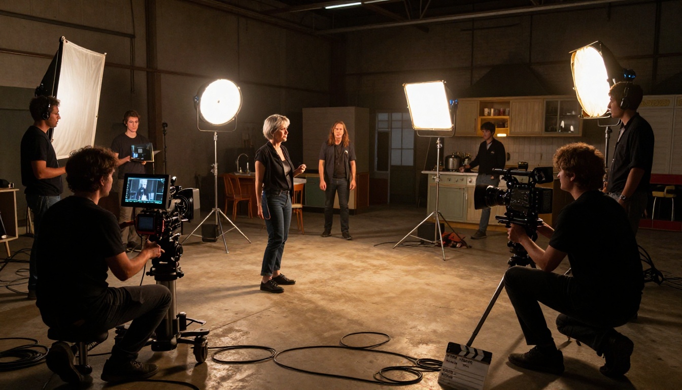 Professional film production team on a warehouse studio set with warm tungsten lighting rigs and a director reviewing playback