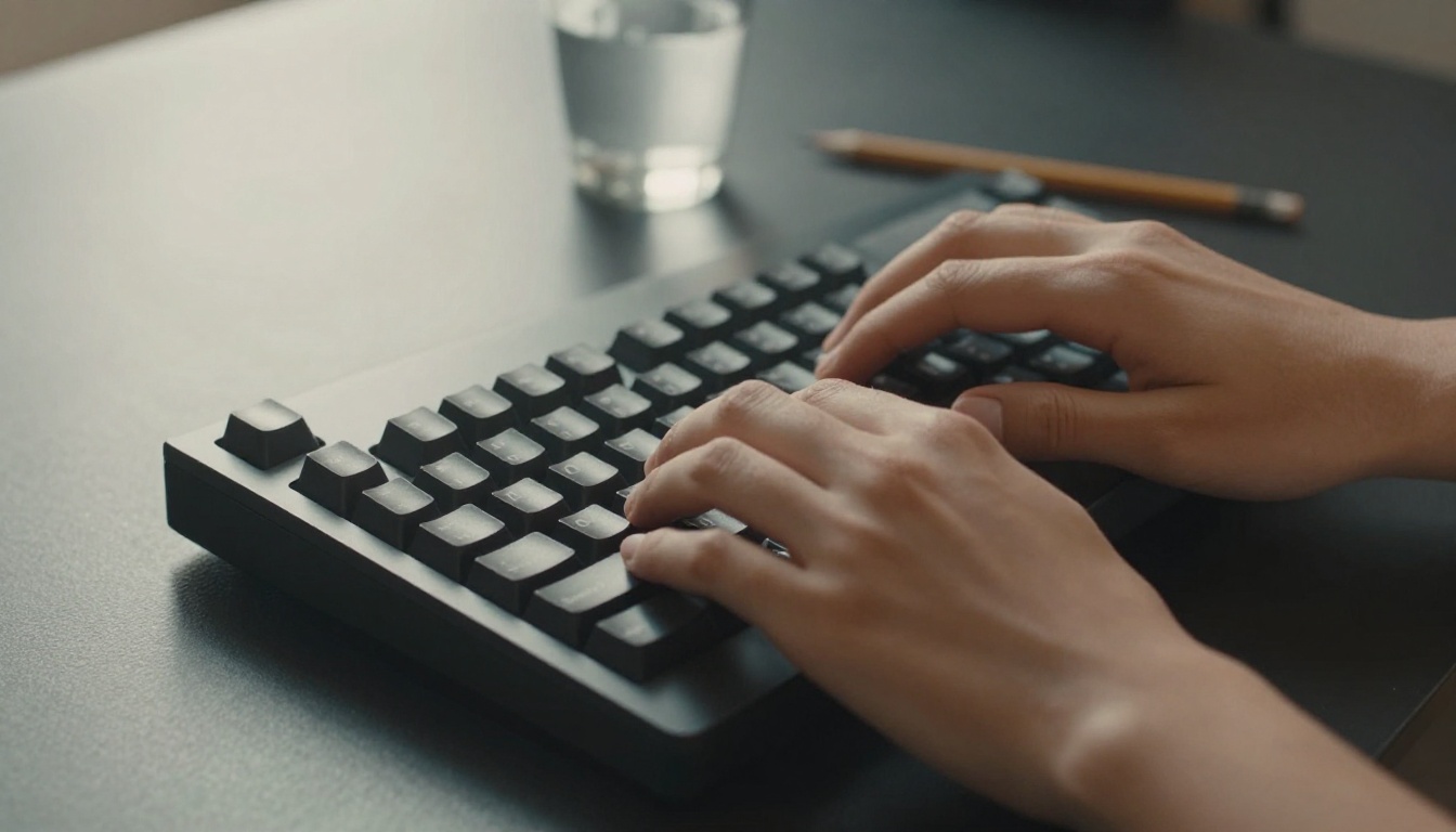 Creator crafting prompts at keyboard in a minimalist studio