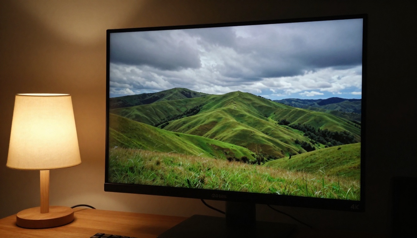 Monitor displaying rich cinematic video landscape in a dark studio