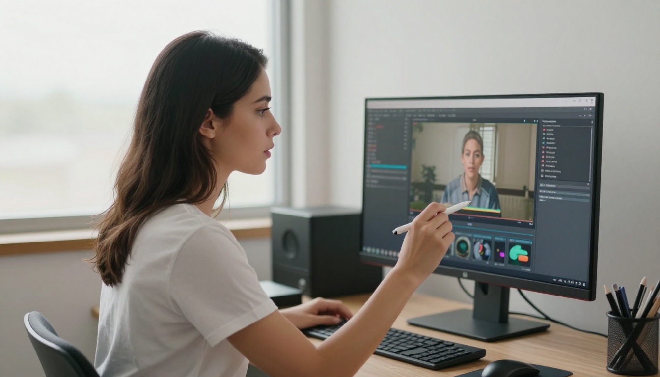 Young woman reviewing video footage at a modern editing desk in soft window light
