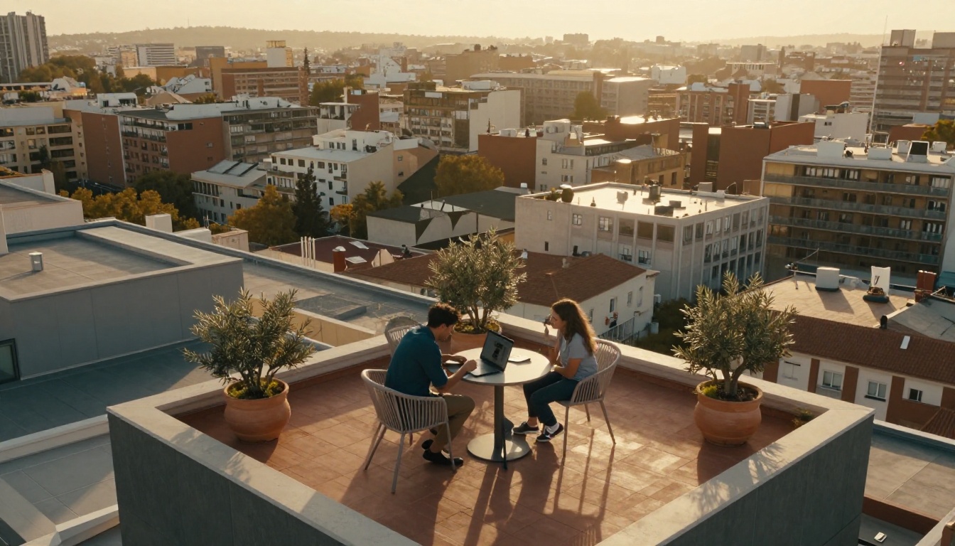 Aerial view of two creative professionals collaborating on a rooftop terrace at golden hour