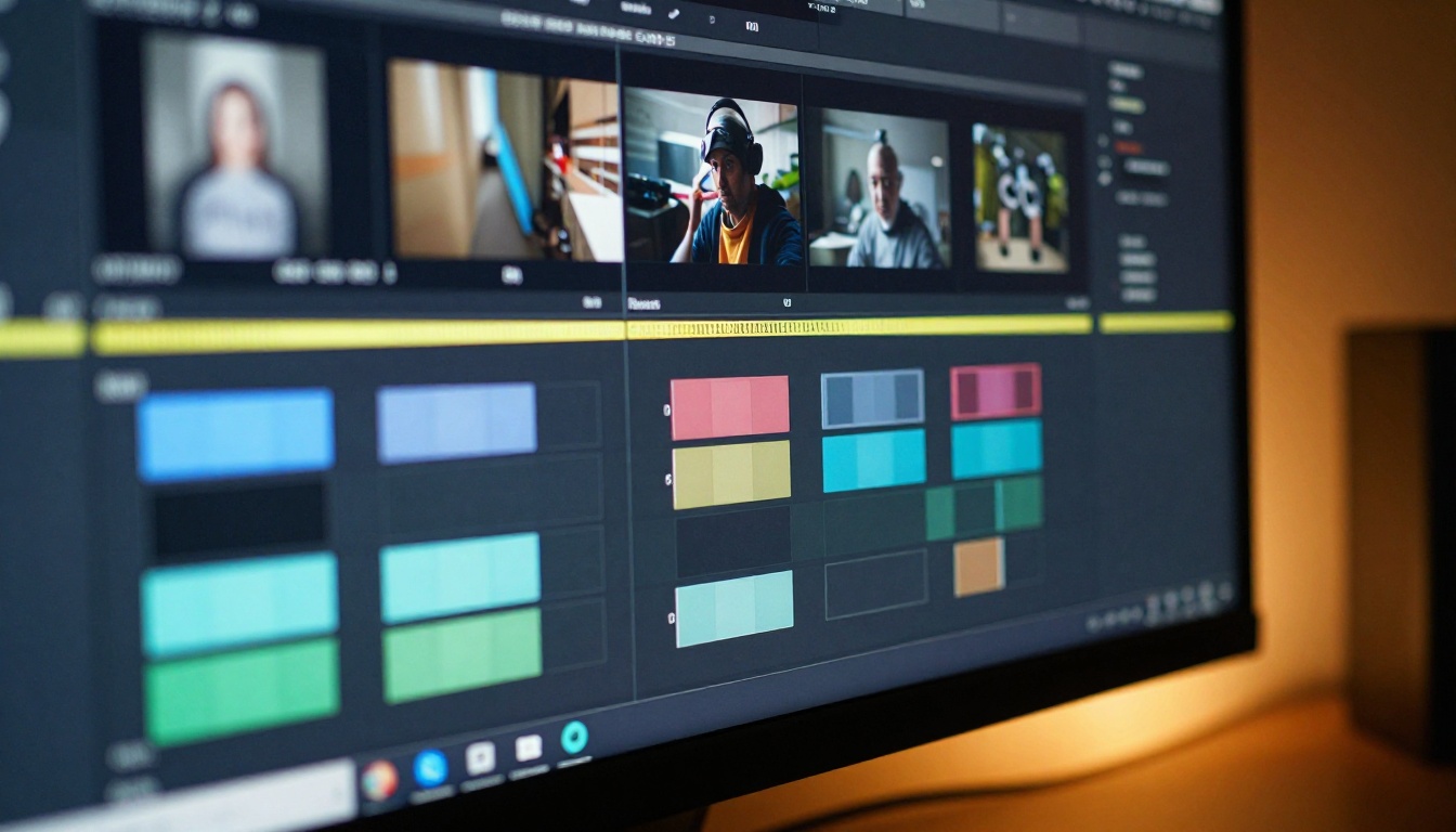 Close-up of a professional video editing timeline with color-coded clips on a monitor