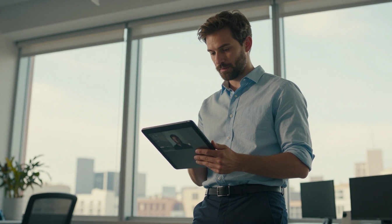 Creative professional with tablet standing in modern office overlooking the city