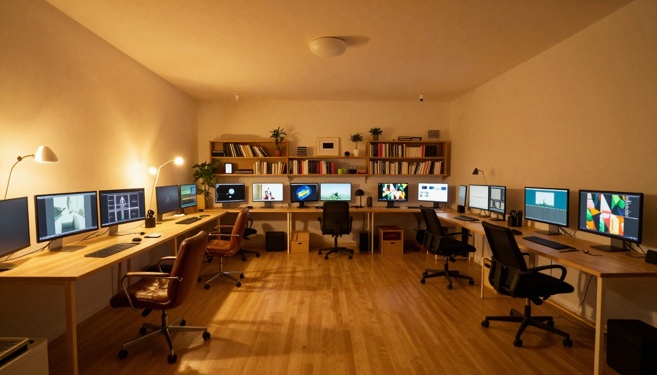 Warm minimalist creative studio interior at dusk with monitors and bookshelves