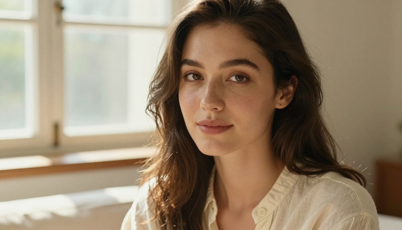 Creator looking into camera with quiet confidence in warm afternoon window light