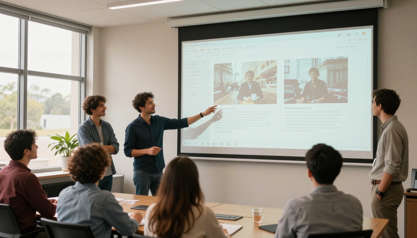 Creative team reviewing AI-generated video on a large presentation screen in a conference room