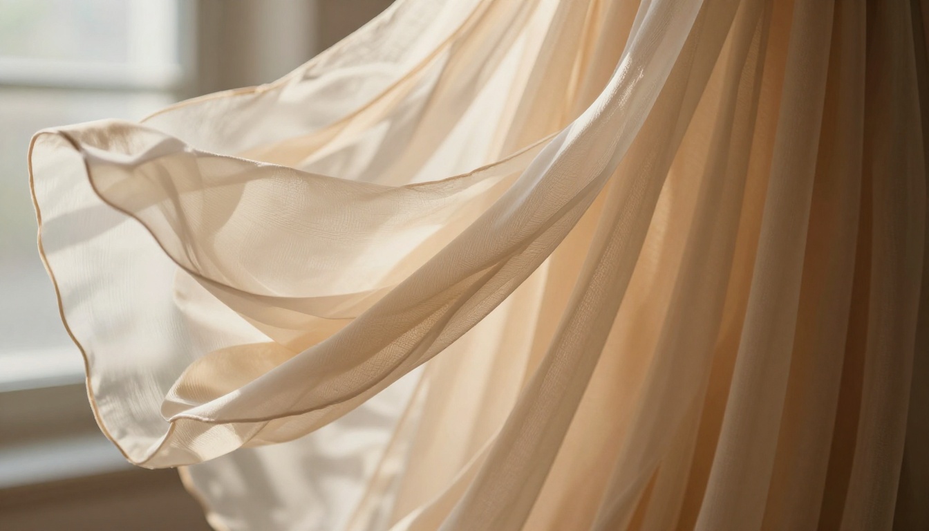 Flowing fabric mid-billow showing realistic physics and light diffusion through champagne-colored chiffon